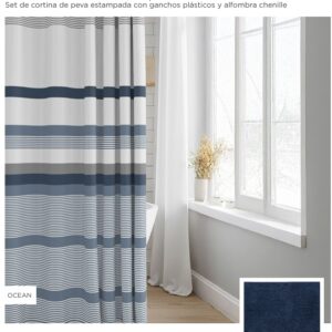 Set de cortina de peva estampada con ganchos plásticos y alfombra chenille